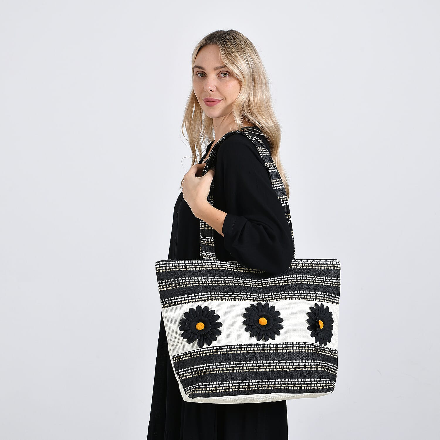Fashionable Stripe Tote with Graphic Daisy Floral Appliques