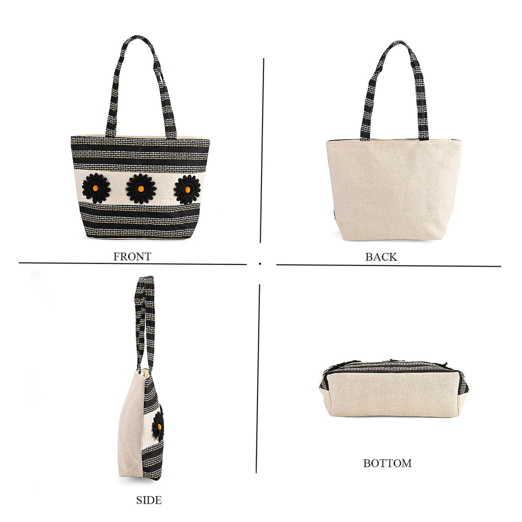 Fashionable Stripe Tote with Graphic Daisy Floral Appliques