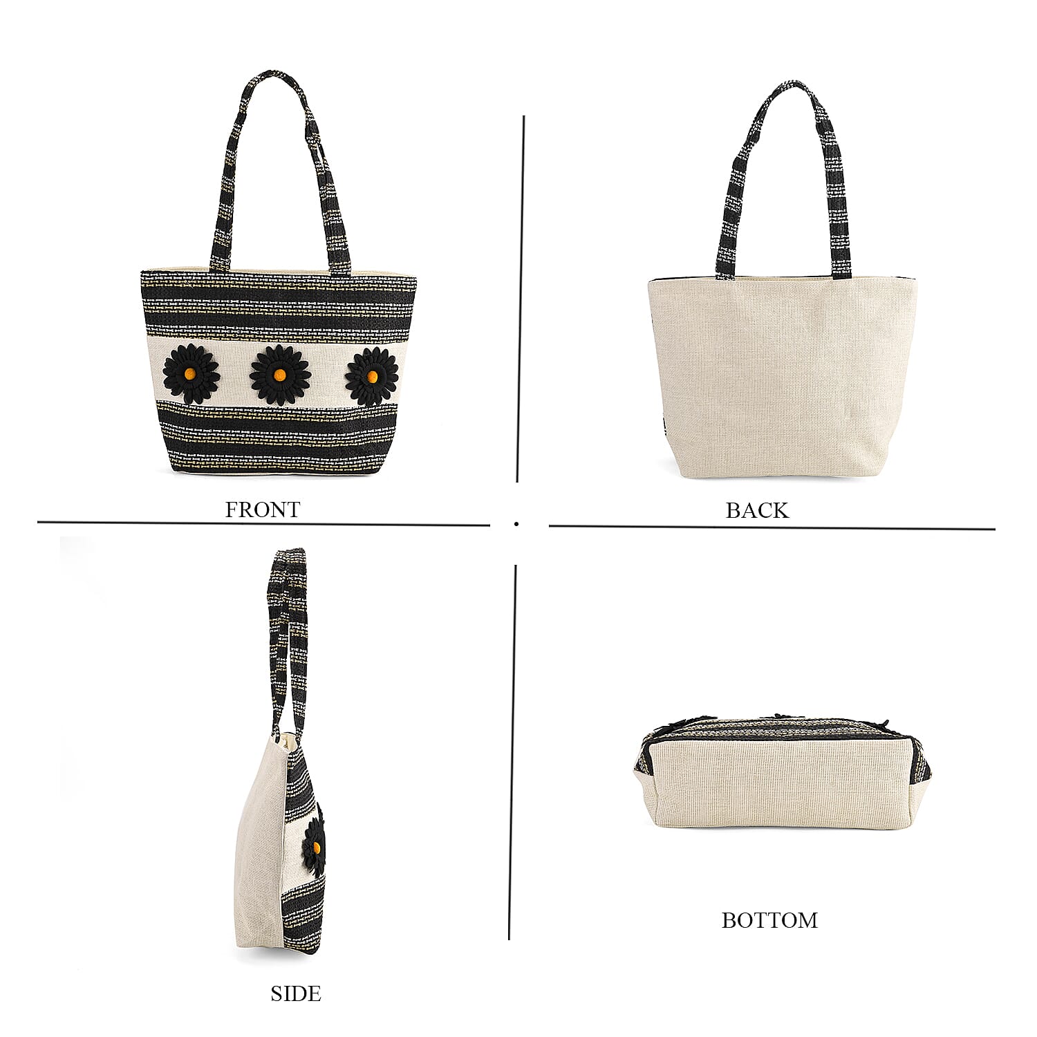 Fashionable Stripe Tote with Graphic Daisy Floral Appliques