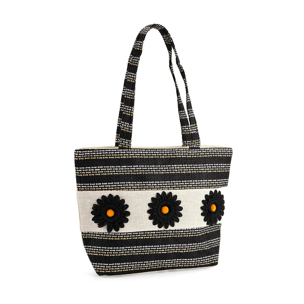 Fashionable Stripe Tote with Graphic Daisy Floral Appliques