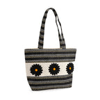 Fashionable Stripe Tote with Graphic Daisy Floral Appliques