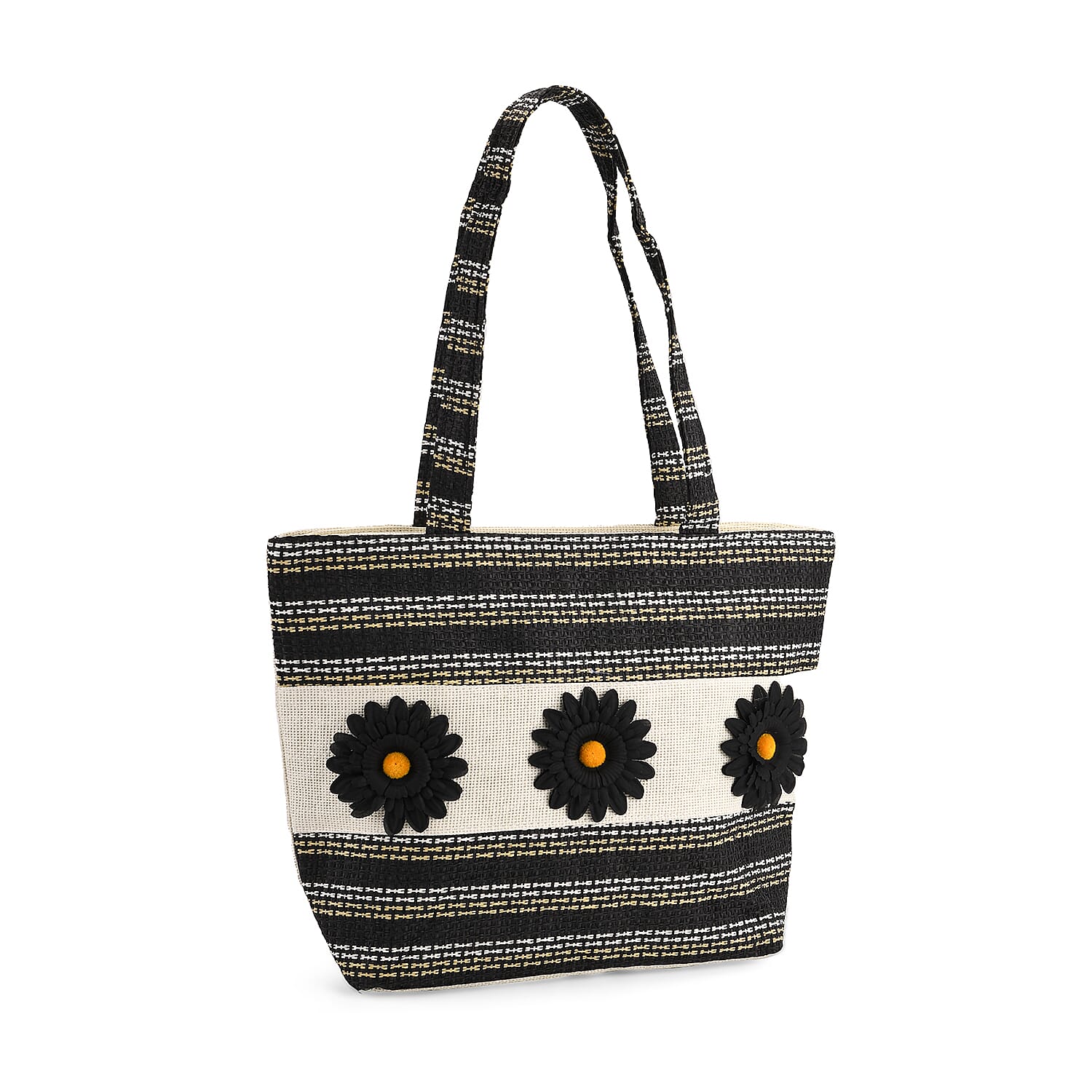 Fashionable Stripe Tote with Graphic Daisy Floral Appliques