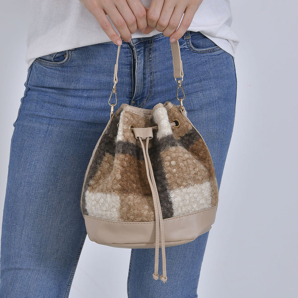 Crossbody Checkered Bucket Bag (Size 22x18x25 cm) - Beige