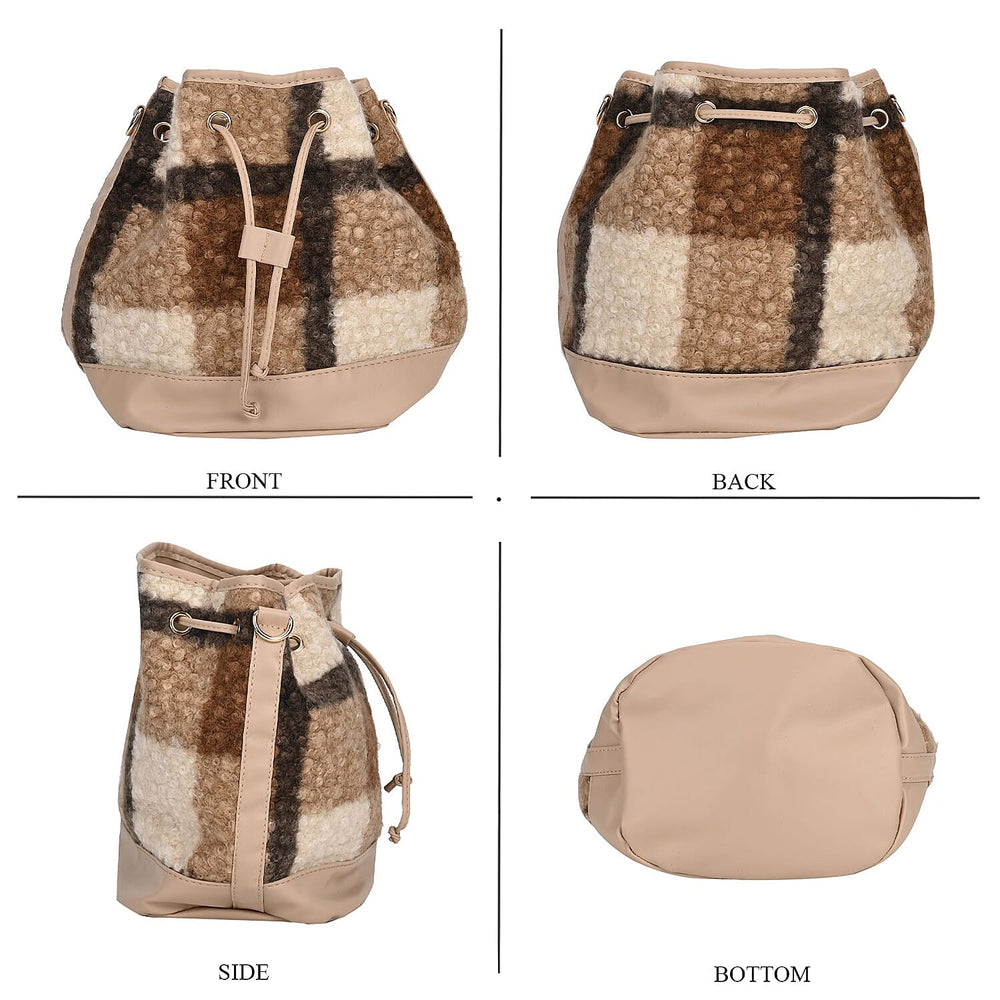 Crossbody Checkered Bucket Bag (Size 22x18x25 cm) - Beige