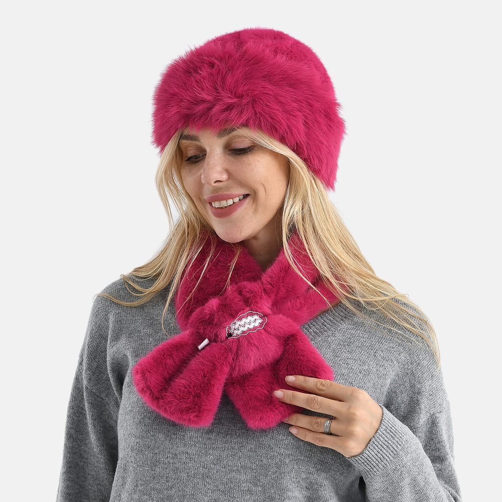 Faux Fur Scarf - Hat Two-Piece Set (One Size) - Pink