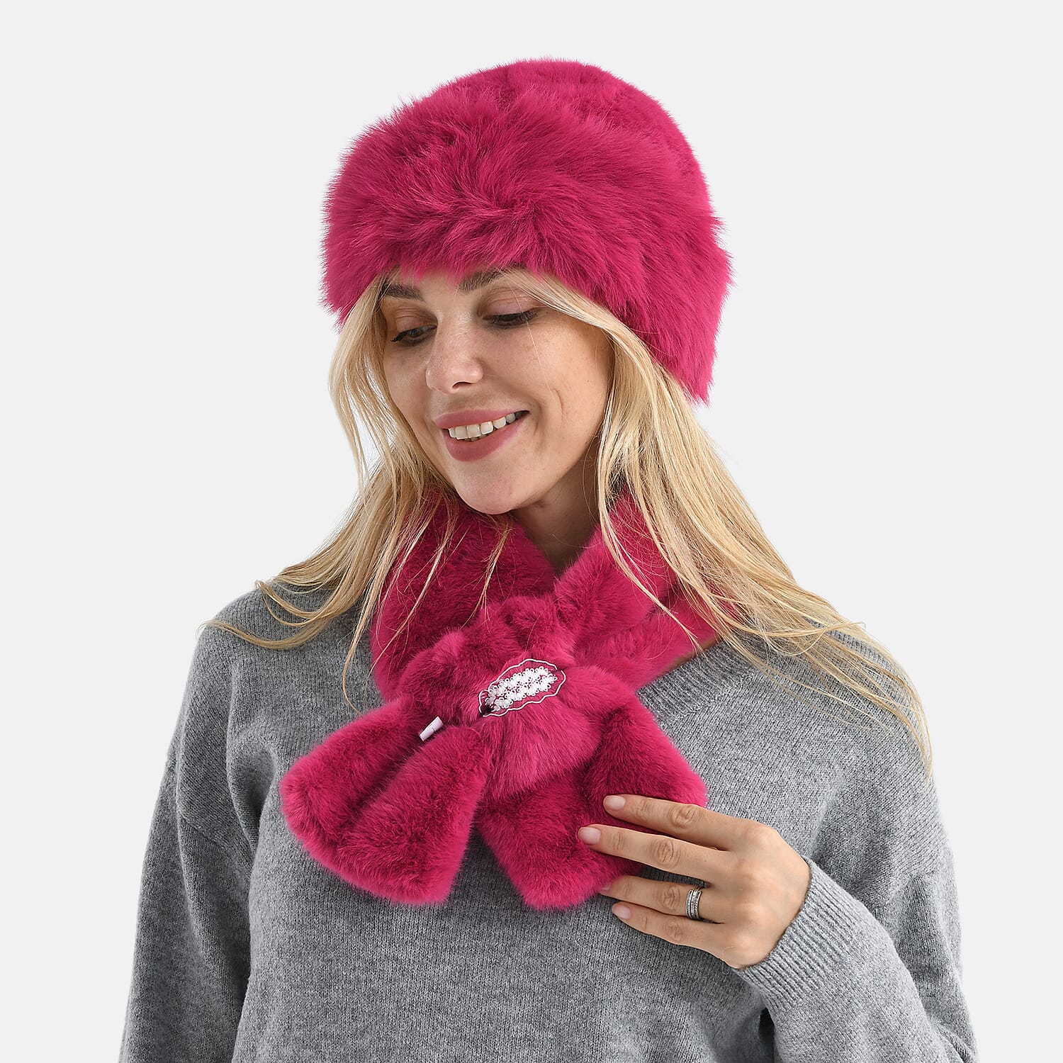 Faux Fur Scarf - Hat Two-Piece Set (One Size) - Pink
