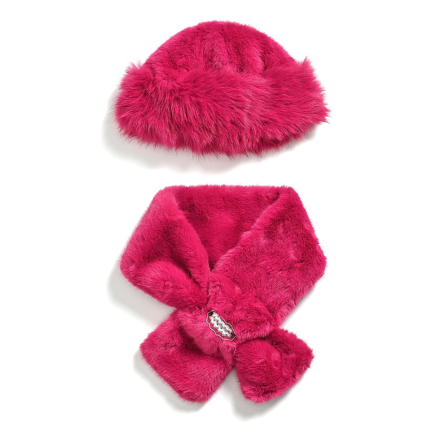 Faux Fur Scarf - Hat Two-Piece Set (One Size) - Pink