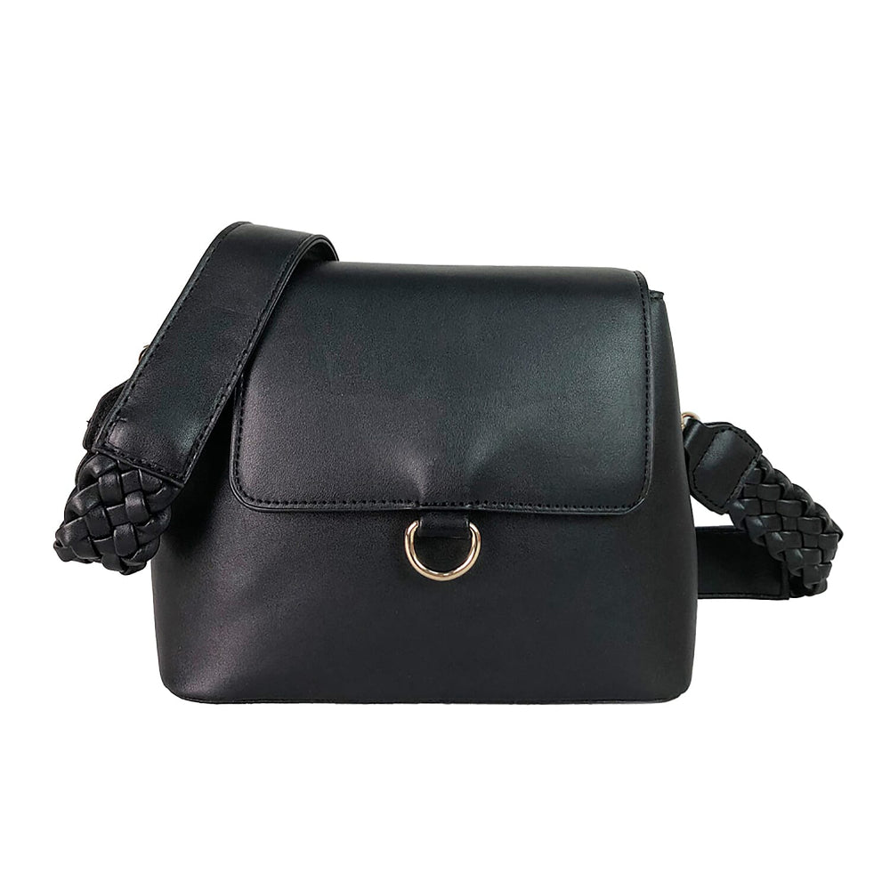 Faux Leather Plain Crossbody Bag with Shoulder Strap (Size 21x16x9 Cm) - Black