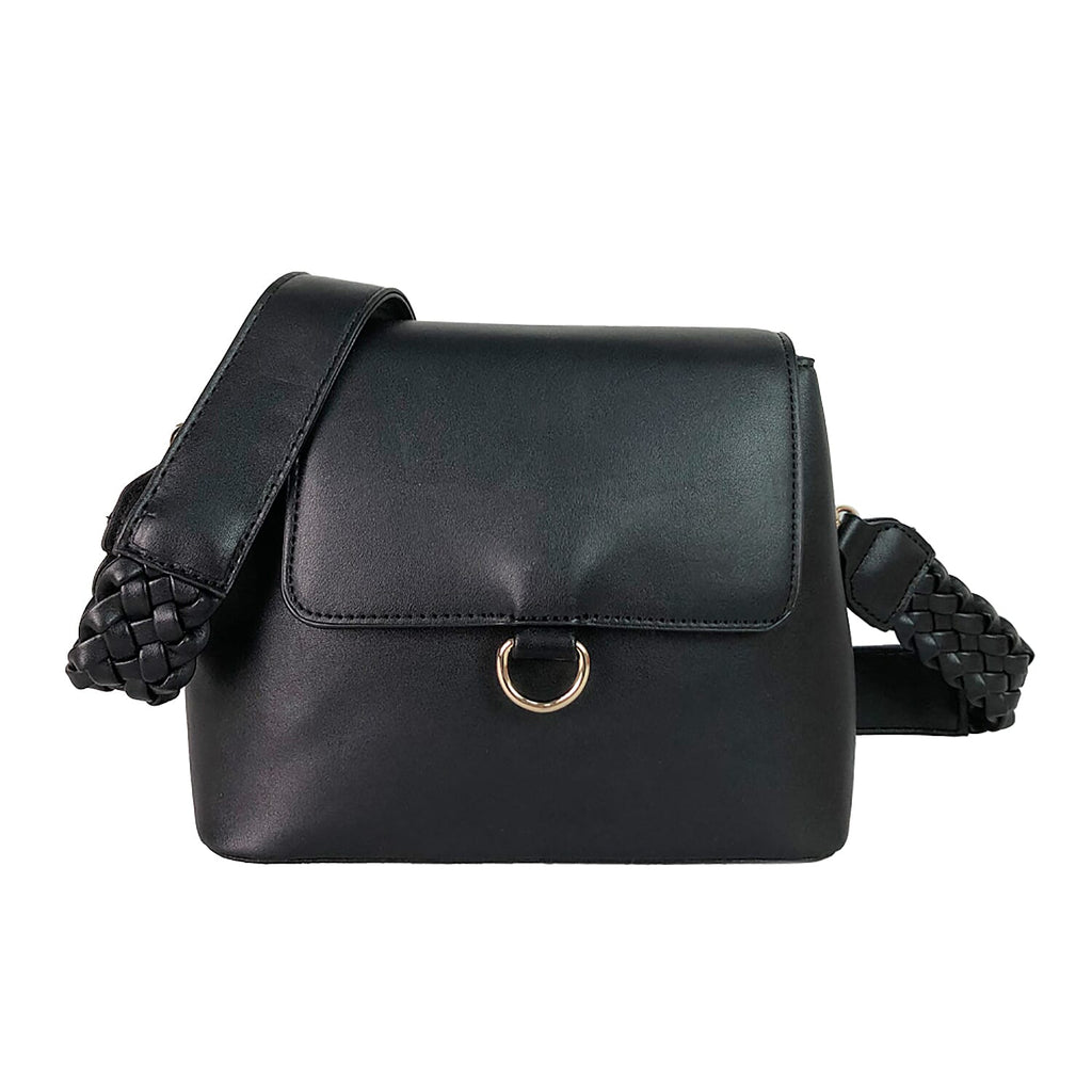 Faux Leather Plain Crossbody Bag with Shoulder Strap (Size 21x16x9 Cm) - Black