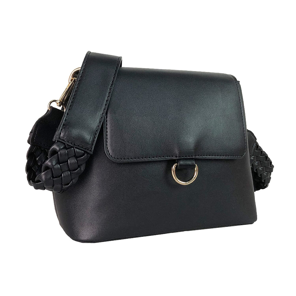 Faux Leather Plain Crossbody Bag with Shoulder Strap (Size 21x16x9 Cm) - Black