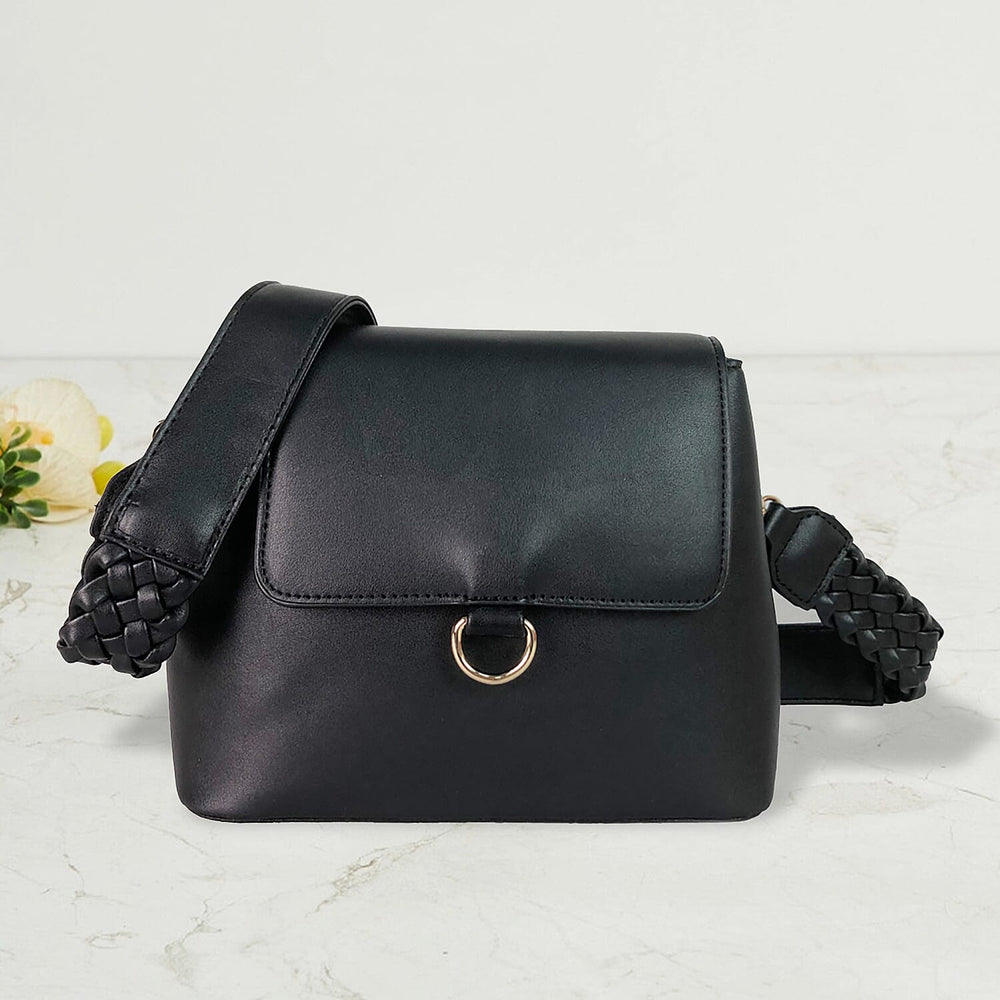 Faux Leather Plain Crossbody Bag with Shoulder Strap (Size 21x16x9 Cm) - Black
