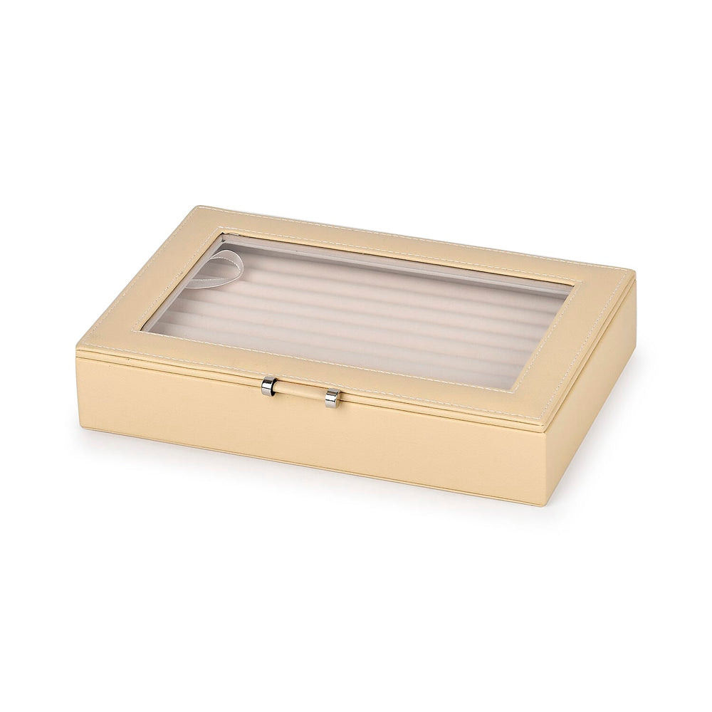 Stylish Ring Box With Glass Window & Anti Tarnish Lining (Size 10x7x2 cm) - Cream (Can Hold 100Pcs Rings)