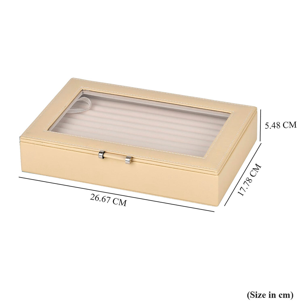 Stylish Ring Box With Glass Window & Anti Tarnish Lining (Size 10x7x2 cm) - Cream (Can Hold 100Pcs Rings)