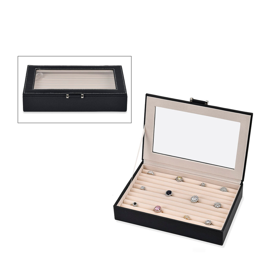 Stylish Ring Box With Glass Window & Anti Tarnish Lining (Size 10x7x2 cm) - Black (Can Hold 100Pcs Rings)