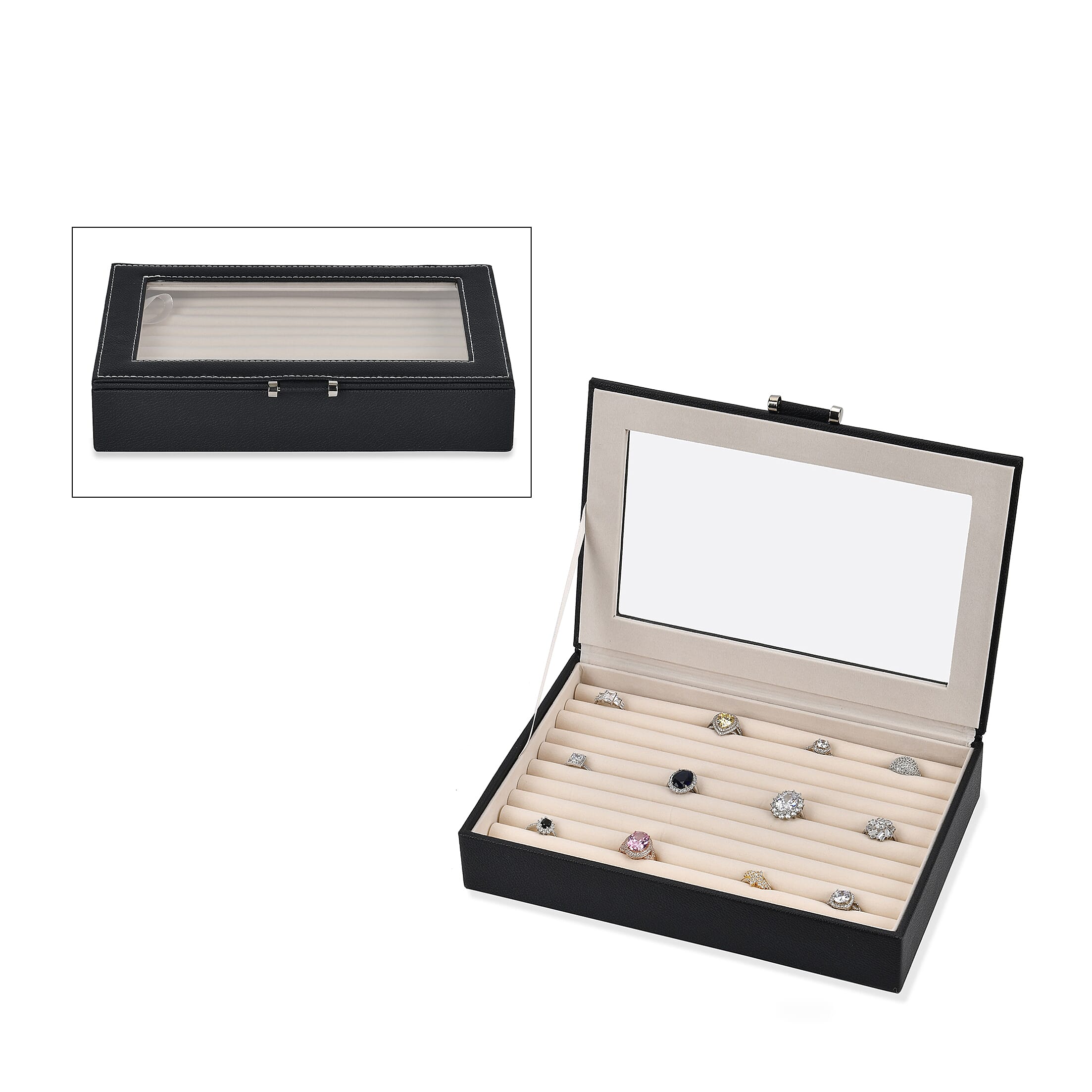 Stylish Ring Box With Glass Window & Anti Tarnish Lining (Size 10x7x2 cm) - Black (Can Hold 100Pcs Rings)