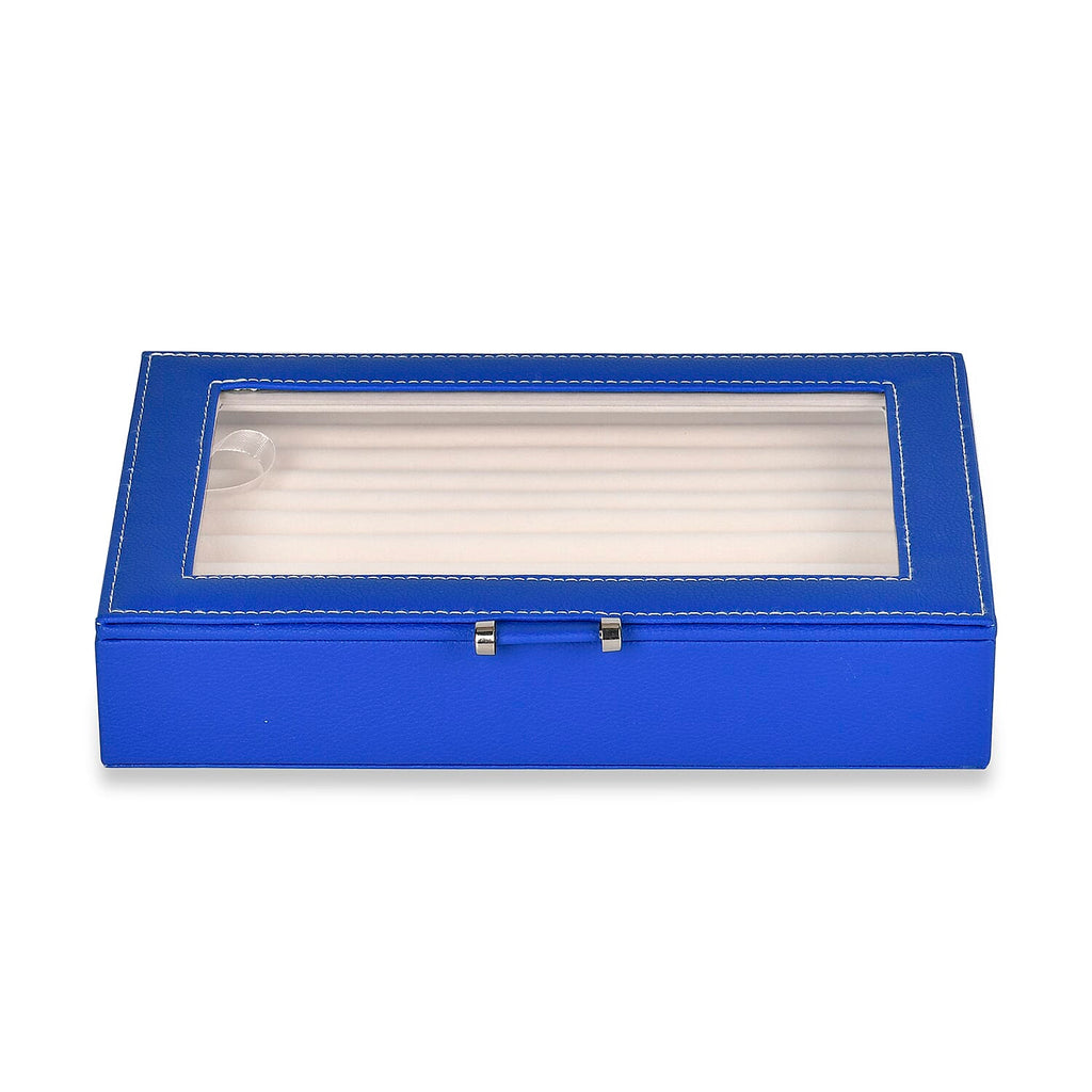 Stylish Ring Box With Glass Window & Anti Tarnish Lining (Size 10x7x2 cm ) - Blue (Can Hold 100Pcs Rings)