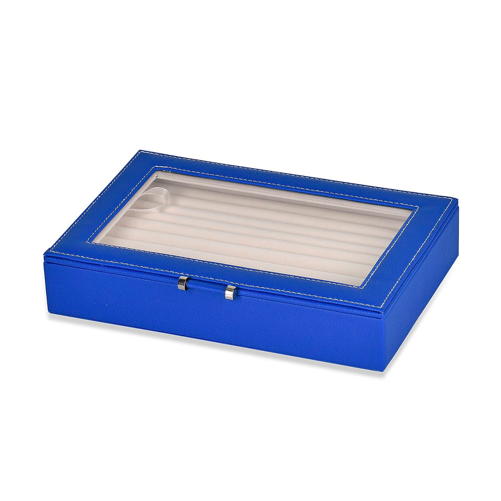 Stylish Ring Box With Glass Window & Anti Tarnish Lining (Size 10x7x2 cm ) - Blue (Can Hold 100Pcs Rings)