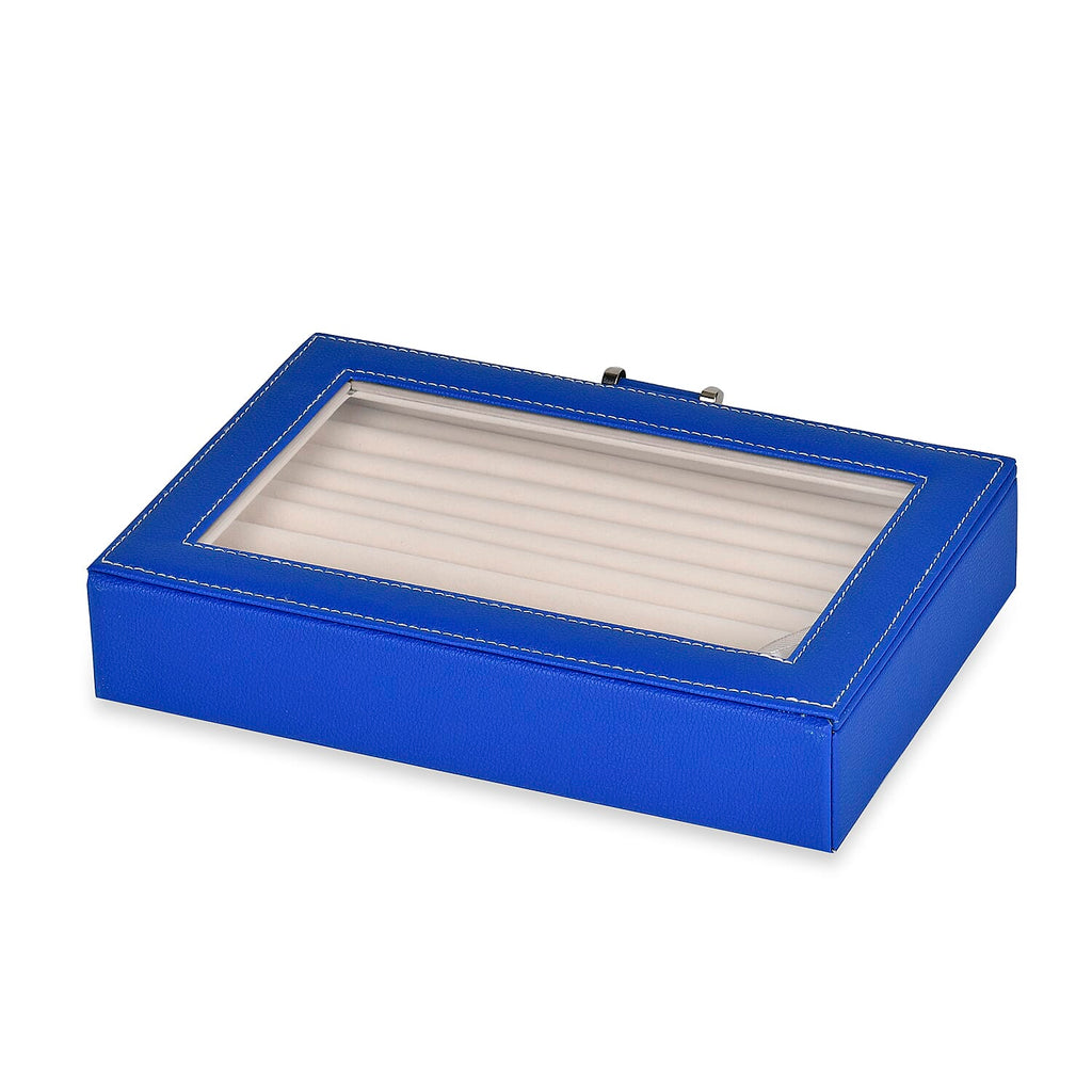 Stylish Ring Box With Glass Window & Anti Tarnish Lining (Size 10x7x2 cm ) - Blue (Can Hold 100Pcs Rings)
