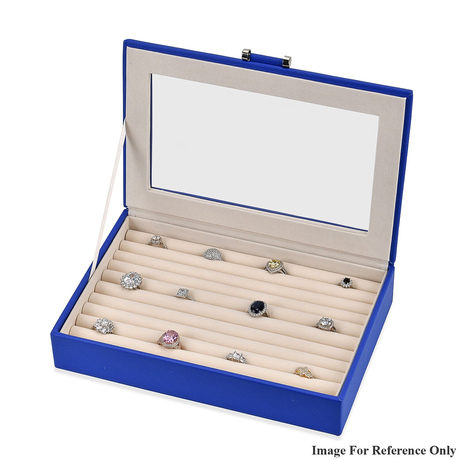 Stylish Ring Box With Glass Window & Anti Tarnish Lining (Size 10x7x2 cm ) - Blue (Can Hold 100Pcs Rings)