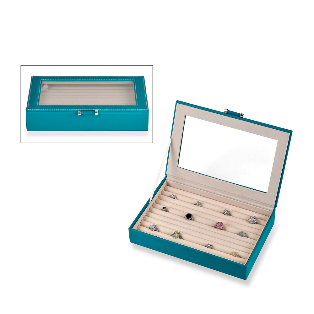 Stylish Ring Box With Glass Window & Anti Tarnish Lining (Size 10x7x2 cm) - Turquoise Blue (Can Hold 100Pcs Rings)