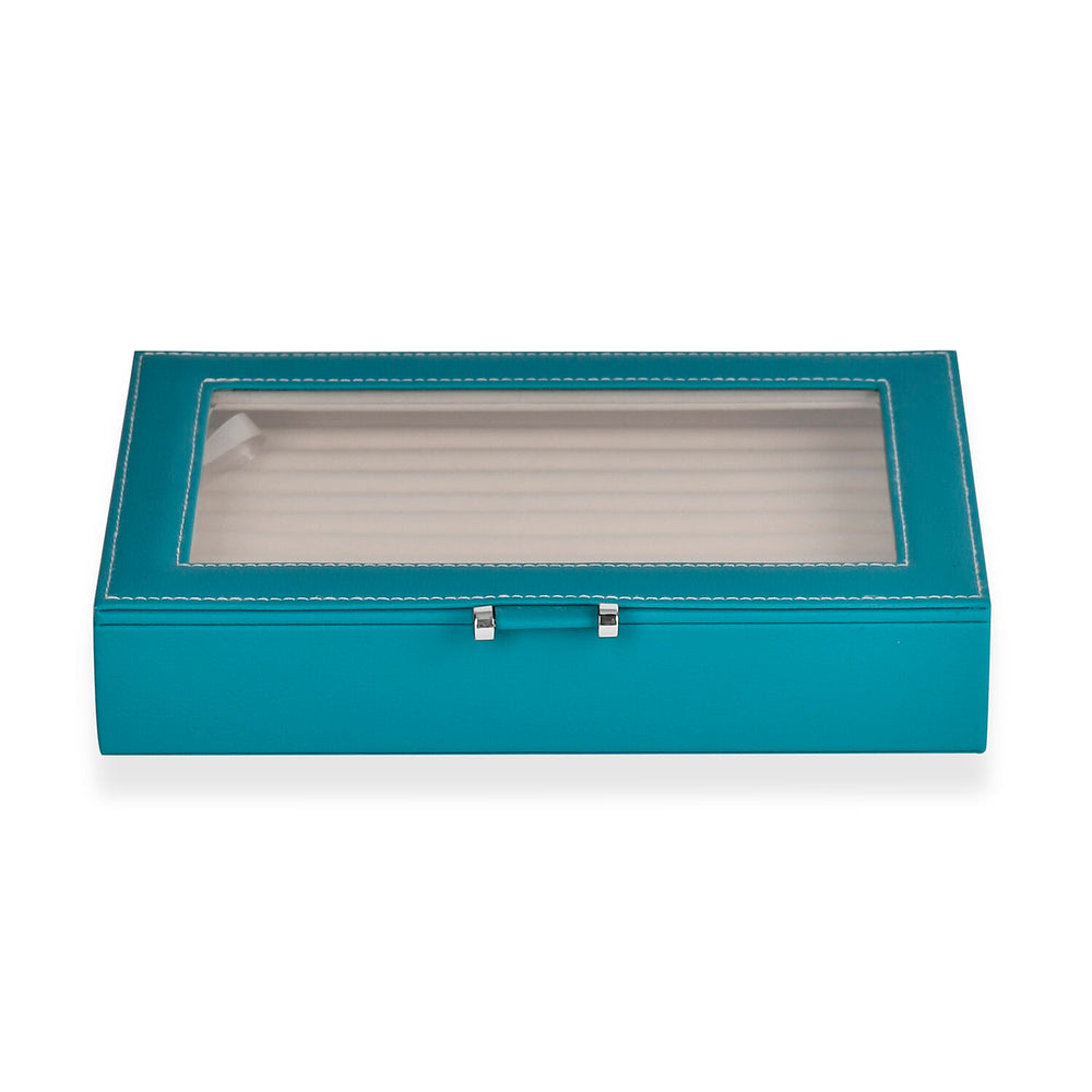 Stylish Ring Box With Glass Window & Anti Tarnish Lining (Size 10x7x2 cm) - Turquoise Blue (Can Hold 100Pcs Rings)