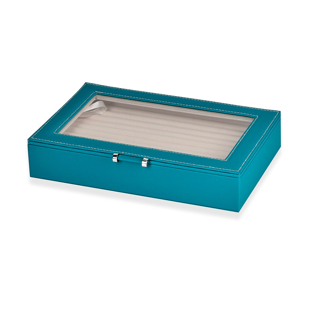 Stylish Ring Box With Glass Window & Anti Tarnish Lining (Size 10x7x2 cm) - Turquoise Blue (Can Hold 100Pcs Rings)