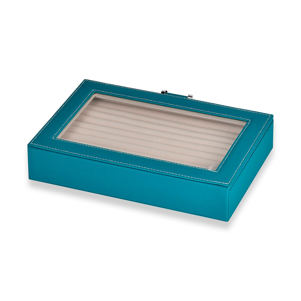 Stylish Ring Box With Glass Window & Anti Tarnish Lining (Size 10x7x2 cm) - Turquoise Blue (Can Hold 100Pcs Rings)