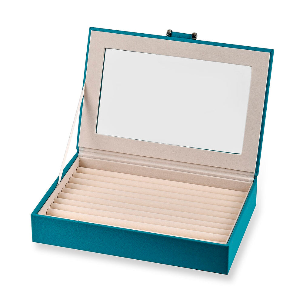 Stylish Ring Box With Glass Window & Anti Tarnish Lining (Size 10x7x2 cm) - Turquoise Blue (Can Hold 100Pcs Rings)