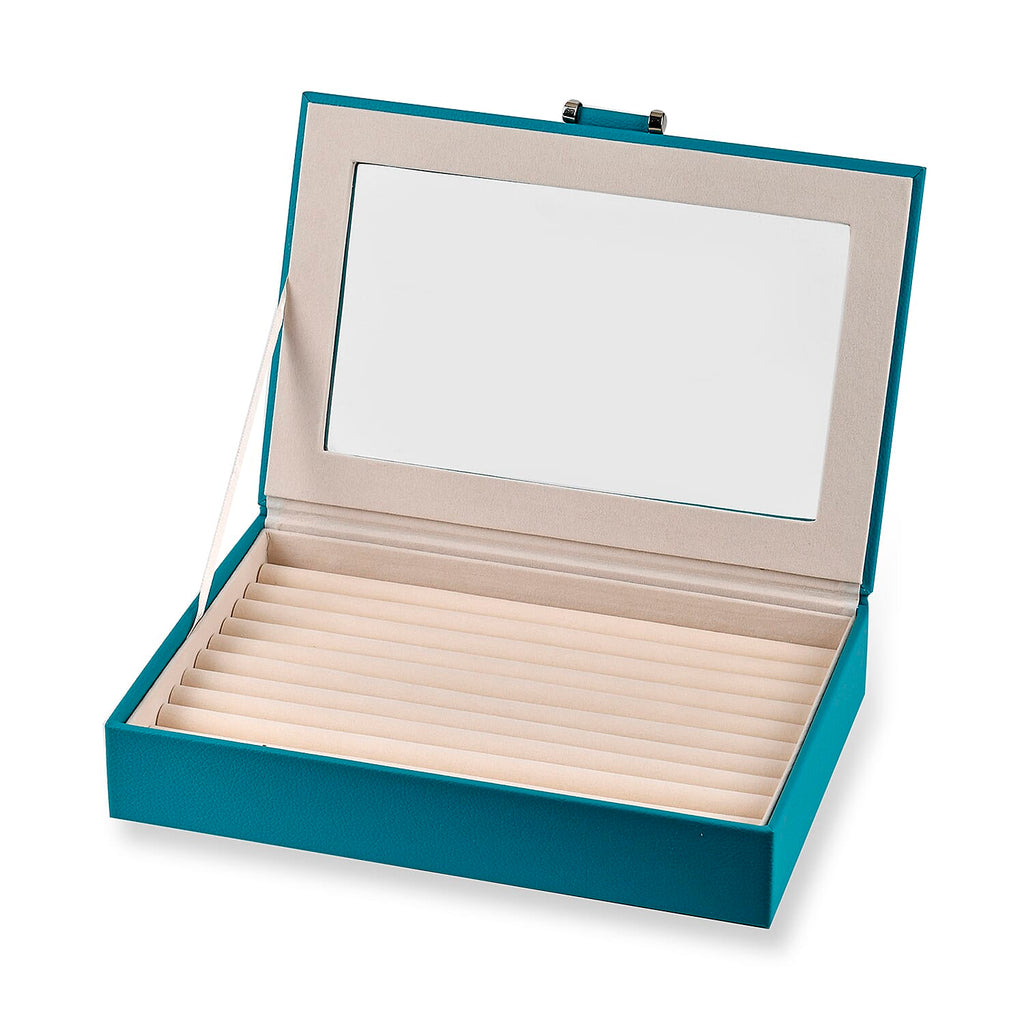 Stylish Ring Box With Glass Window & Anti Tarnish Lining (Size 10x7x2 cm) - Turquoise Blue (Can Hold 100Pcs Rings)