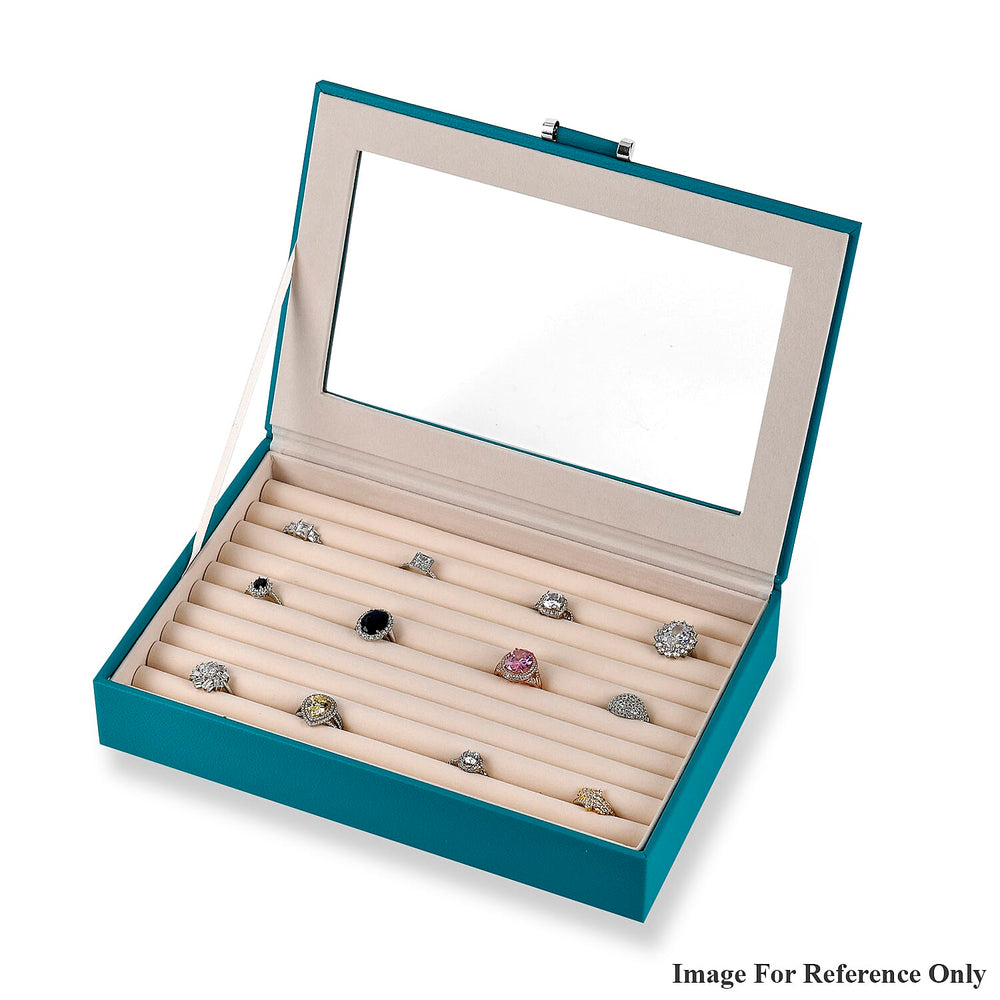 Stylish Ring Box With Glass Window & Anti Tarnish Lining (Size 10x7x2 cm) - Turquoise Blue (Can Hold 100Pcs Rings)