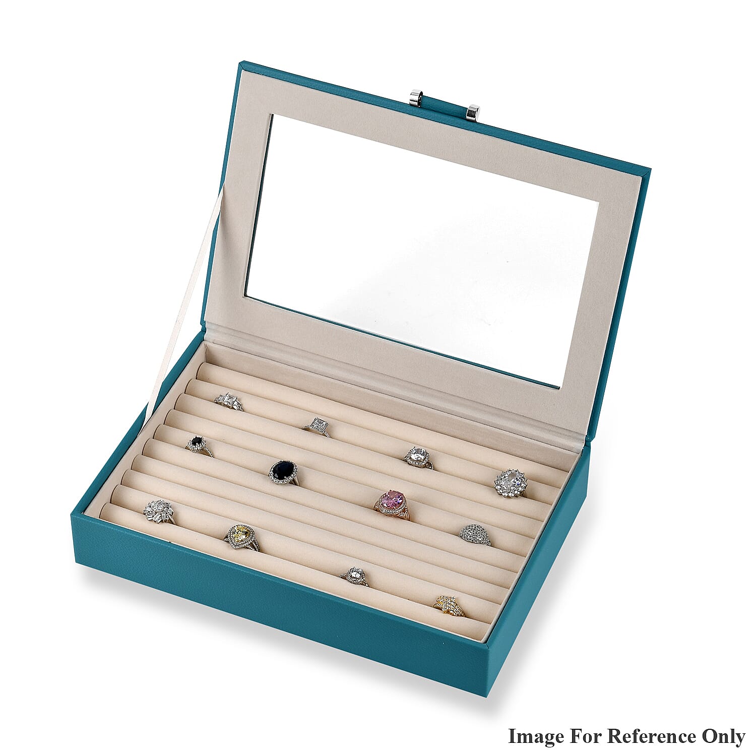 Stylish Ring Box With Glass Window & Anti Tarnish Lining (Size 10x7x2 cm) - Turquoise Blue (Can Hold 100Pcs Rings)
