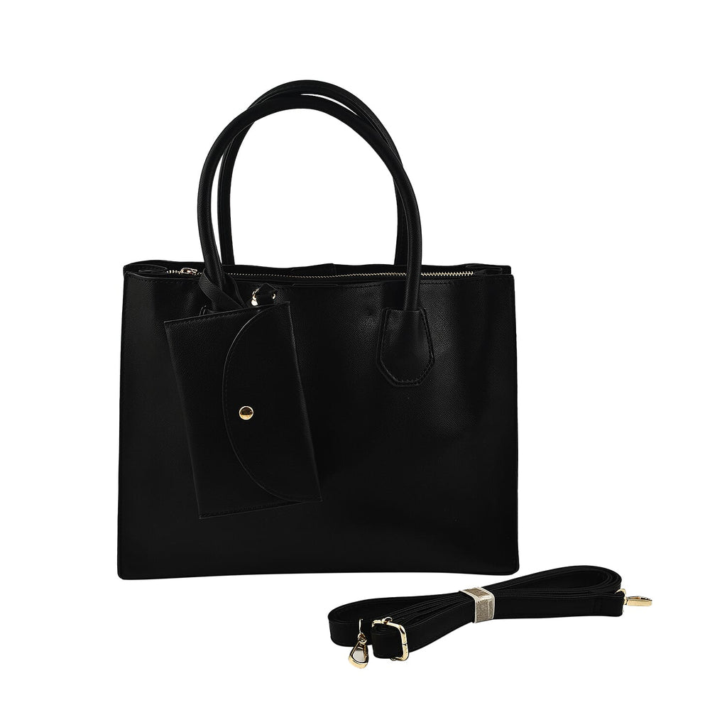 Faux Leather Tote Bag with Wristlet Wallet - Black
