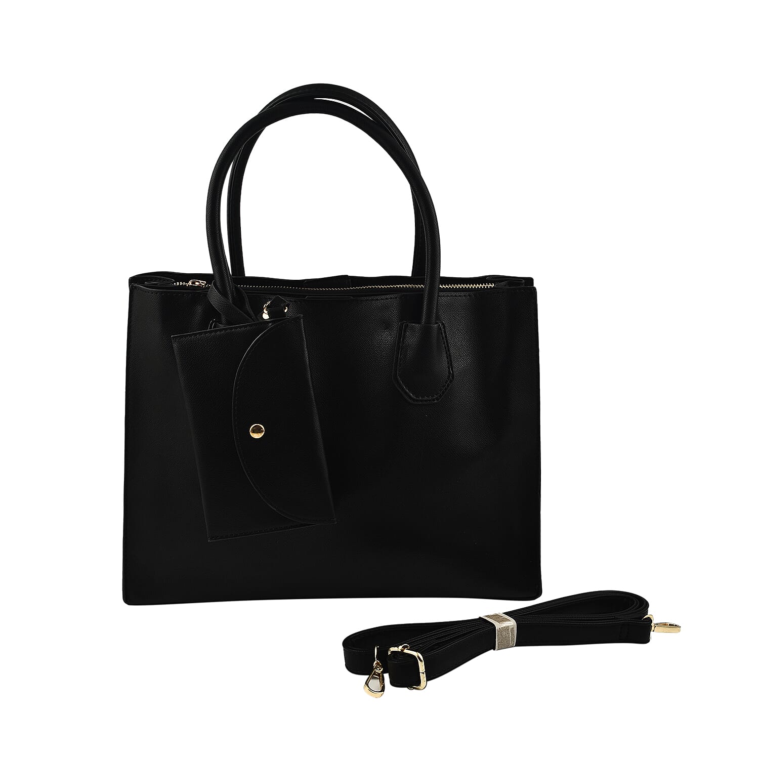 Faux Leather Tote Bag with Wristlet Wallet - Black