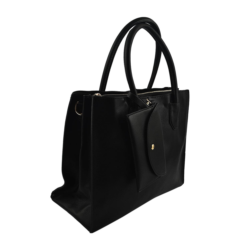 Faux Leather Tote Bag with Wristlet Wallet - Black