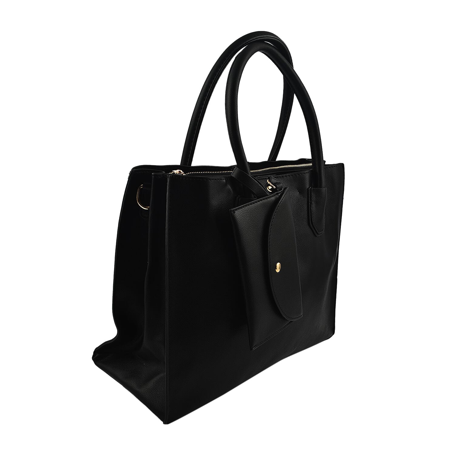 Faux Leather Tote Bag with Wristlet Wallet - Black