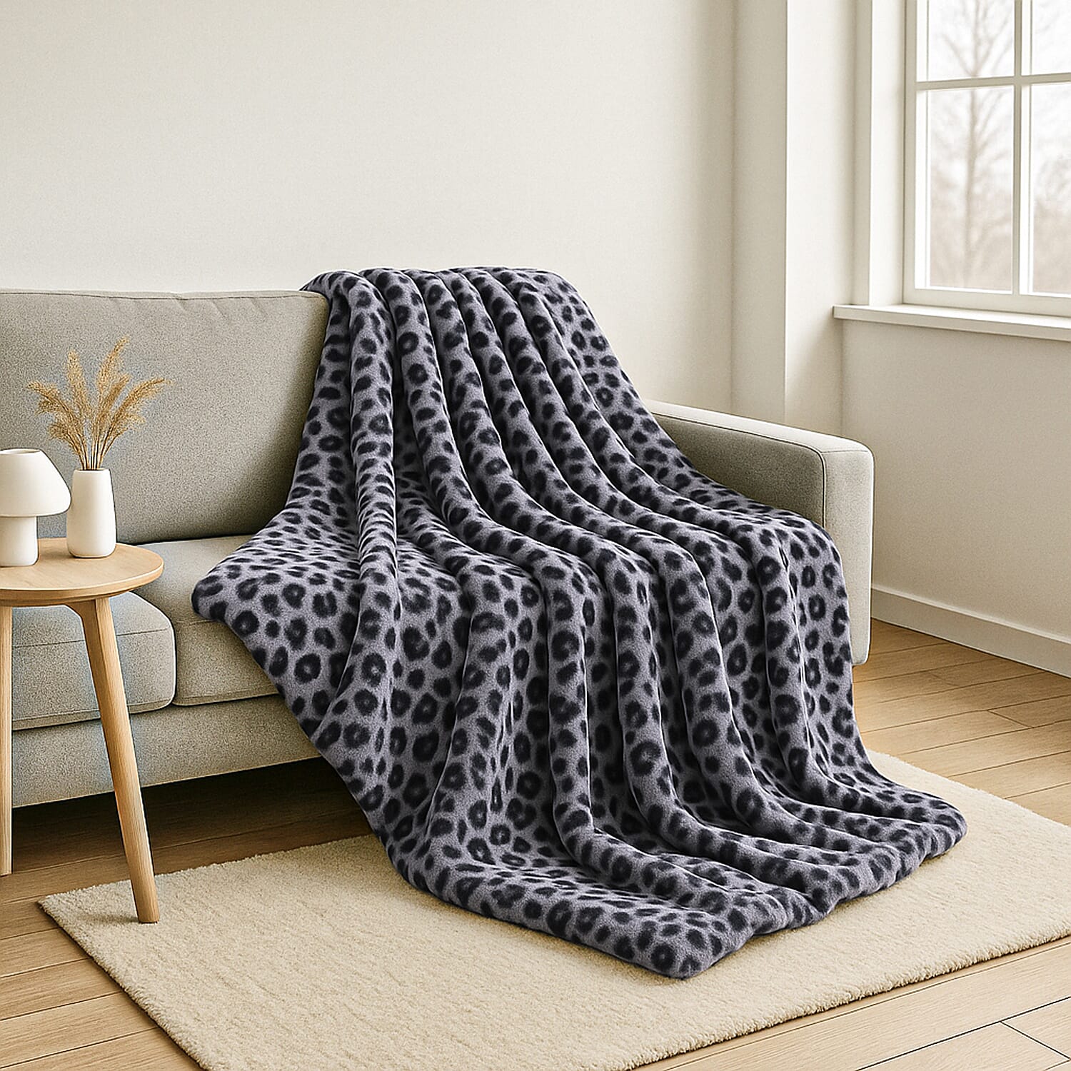 Faux Rabbit Fur Leopard Blanket (Size 200x150 cm) - Grey