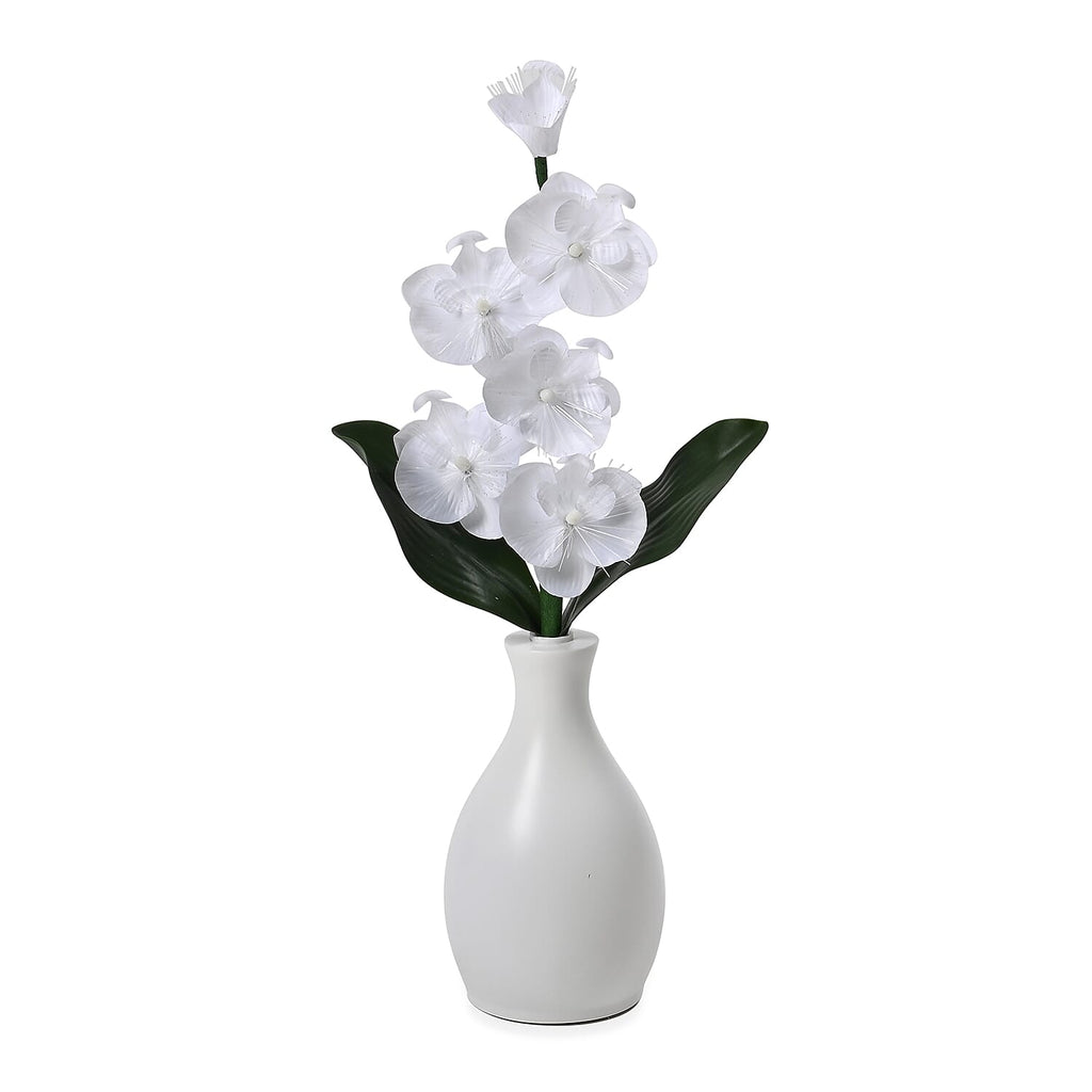 Fiber Optic LED Orchid Flower with Cloth Petals & Plastic Base - Light-Up Decorative Display (3xAA Battery, Not Incl.) - White