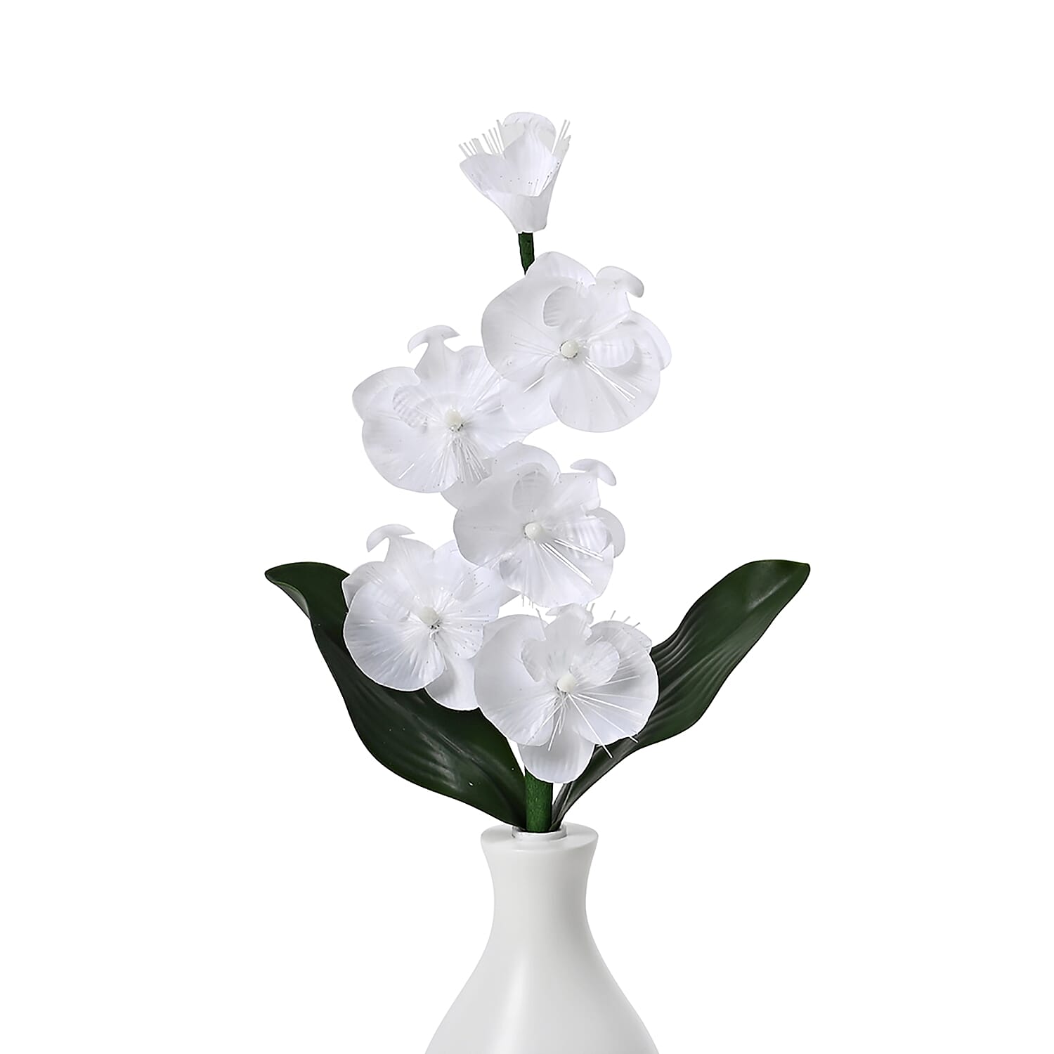 Fiber Optic LED Orchid Flower with Cloth Petals & Plastic Base - Light-Up Decorative Display (3xAA Battery, Not Incl.) - White