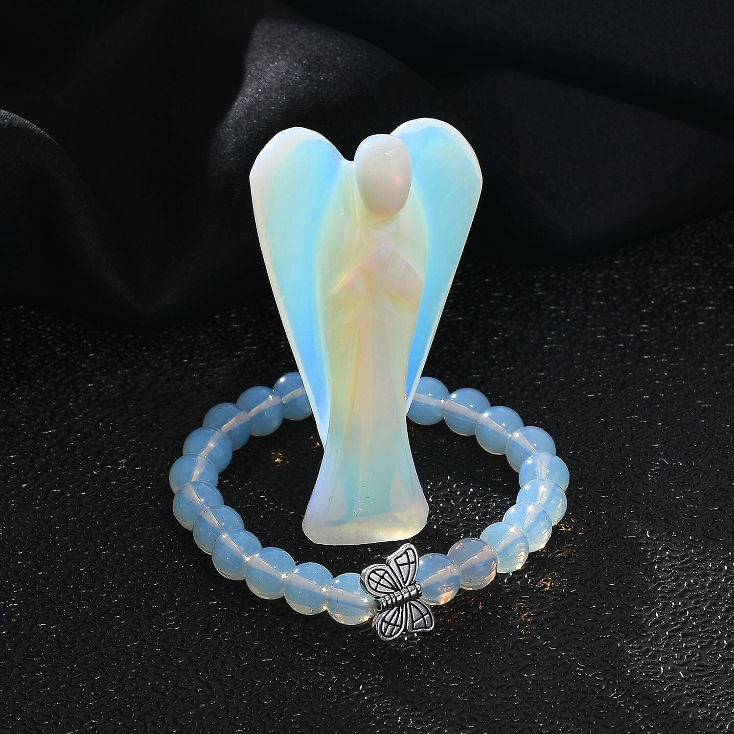 Handcarved - Opalite Guardian Gemstone Angel Figurines Sculpture (Size 8.00 Cm) - Stretch Bracelet (Size 7.5) - Sky Blue