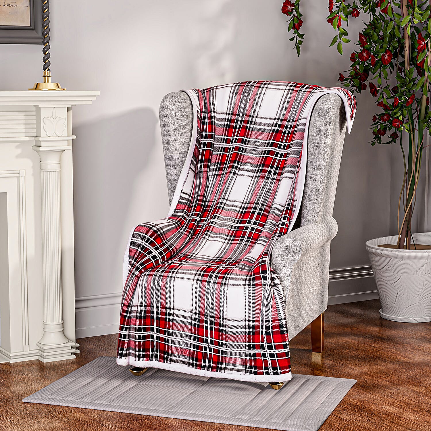 Flannel Check Print with Coloured Sherpa Double Layer Throw - 400Gsm (Size 150x120 cm) - Red & White