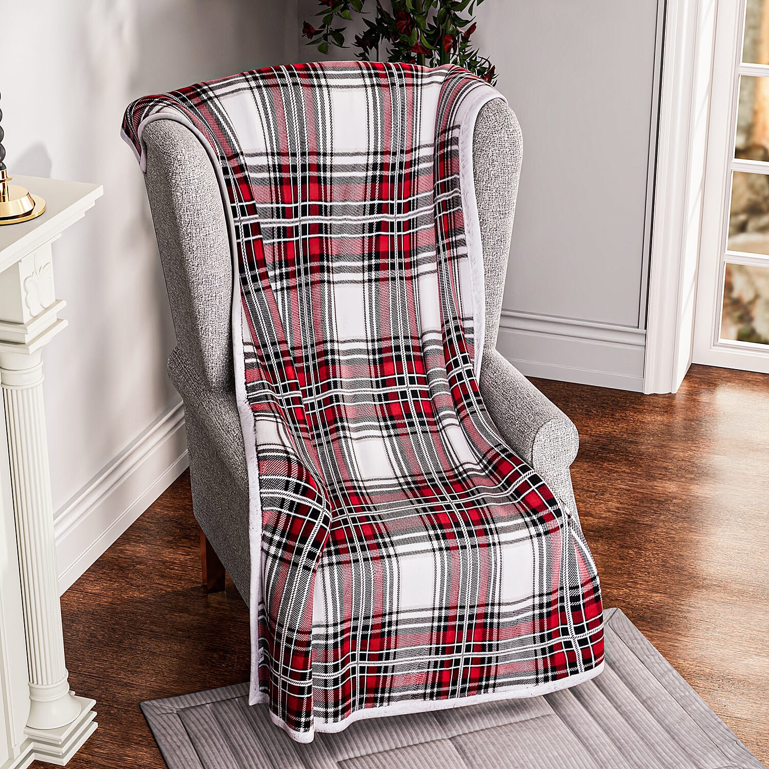 Flannel Check Print with Coloured Sherpa Double Layer Throw - 400Gsm (Size 150x120 cm) - Red & White