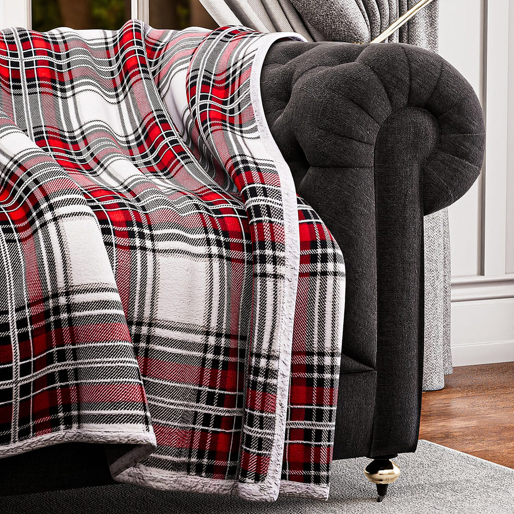 Flannel Check Print with Coloured Sherpa Double Layer Throw - 400Gsm (Size 150x120 cm) - Red & White