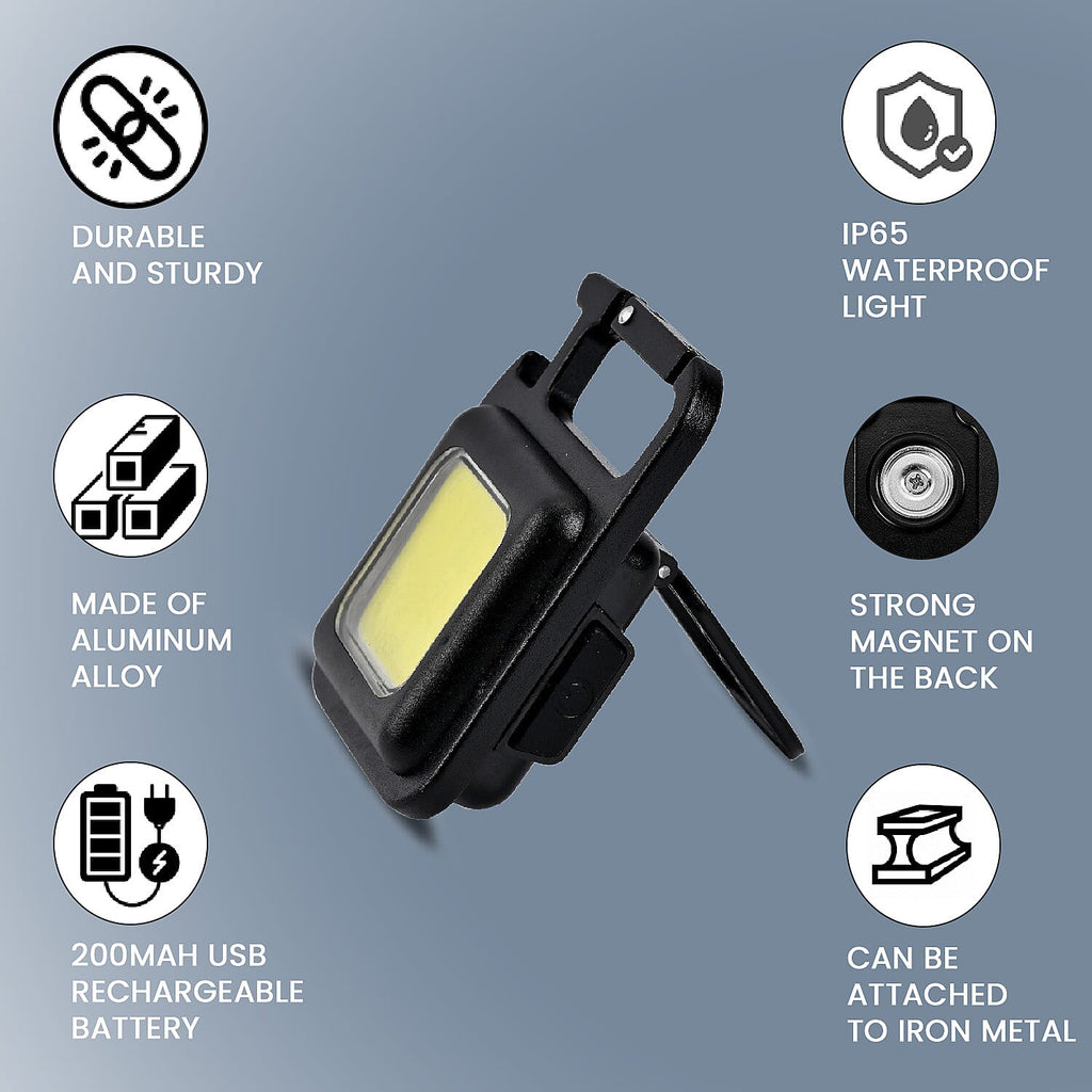 Rechargeable Keychain COB LED Flashlight with Carabiner - Black