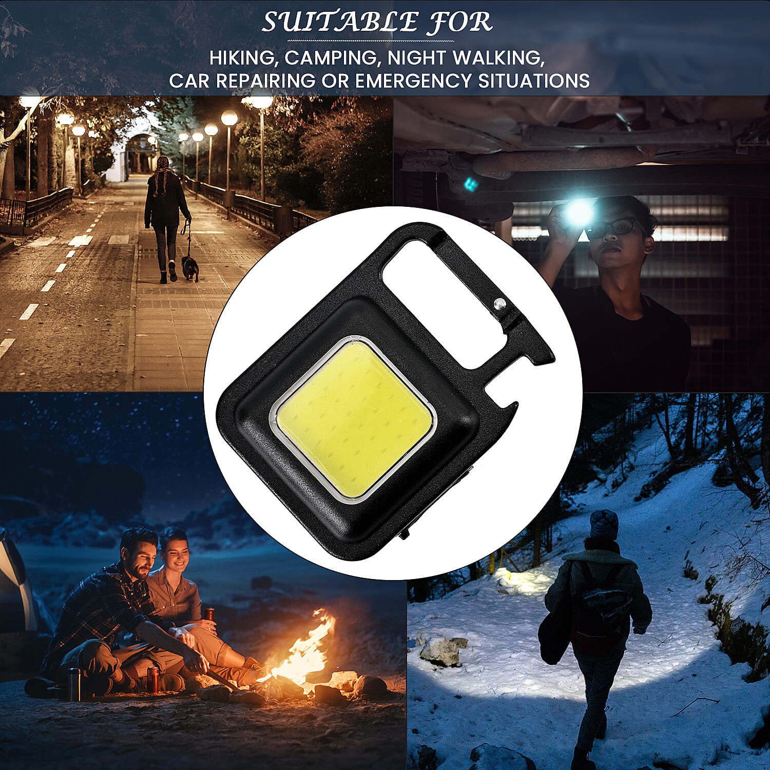 Rechargeable Keychain COB LED Flashlight with Carabiner - Black