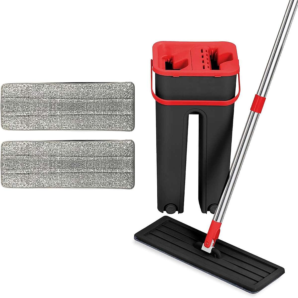 Flat Bucket Mop with 2 Extra Pads and A Long Handle - Red