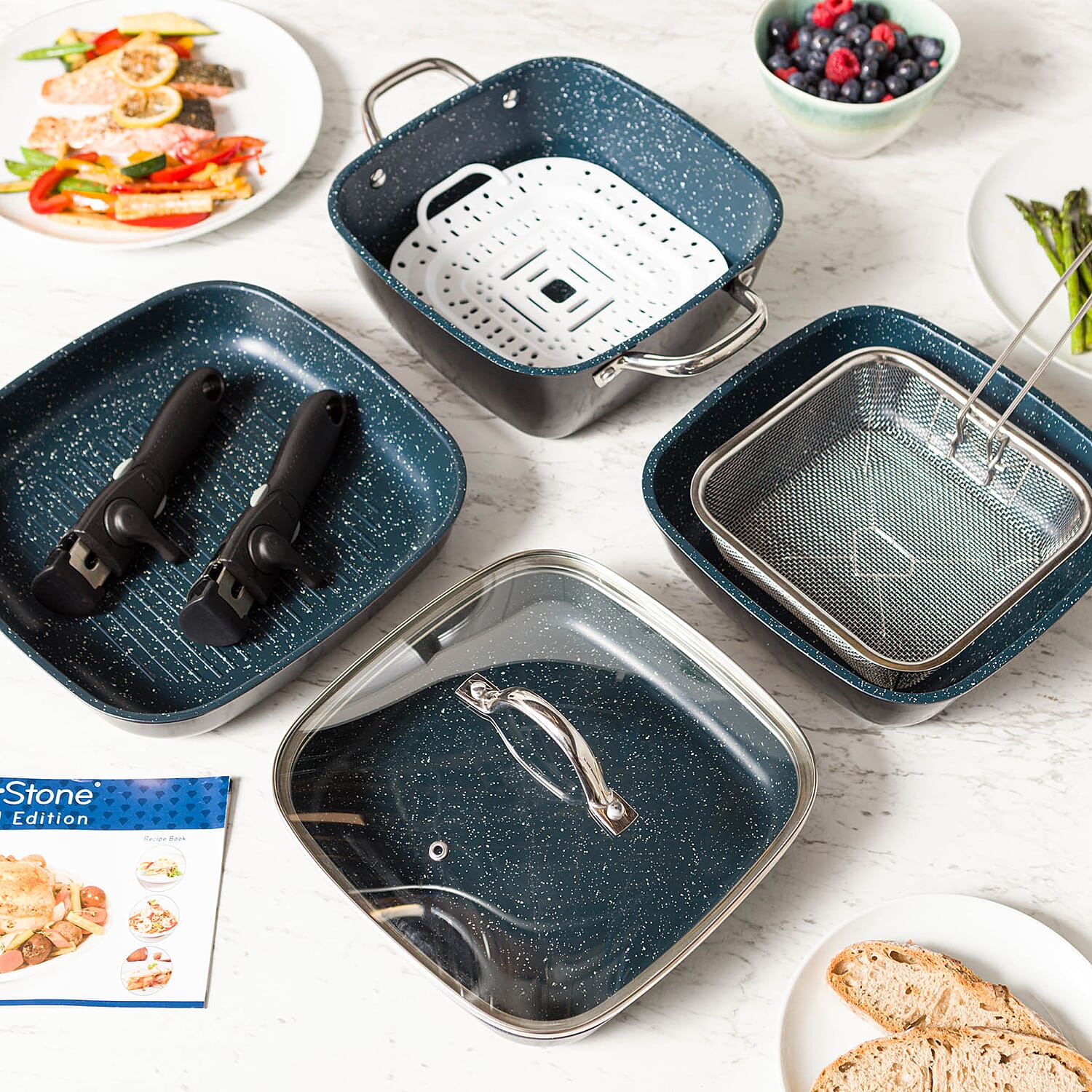 FlavorStone 9 Piece Diamond Non Stick All Hob Pan Set - 24cm- Deep Pan & Saute Pan, 24cm Casserole Pot, 28cm Grill Pan, Lid with Steam Vent, 2 Detachable Handles, Basket, Silicone Steamer.