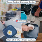 FlavorStone 9 Piece Diamond Non Stick All Hob Pan Set - 24cm- Deep Pan & Saute Pan, 24cm Casserole Pot, 28cm Grill Pan, Lid with Steam Vent, 2 Detachable Handles, Basket, Silicone Steamer.