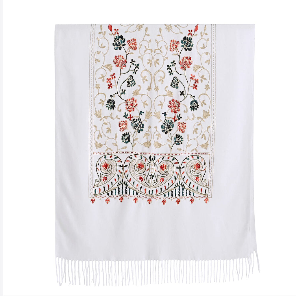 Floral Embroidery Scarf with Tassels (Size 180x70 cm) - White