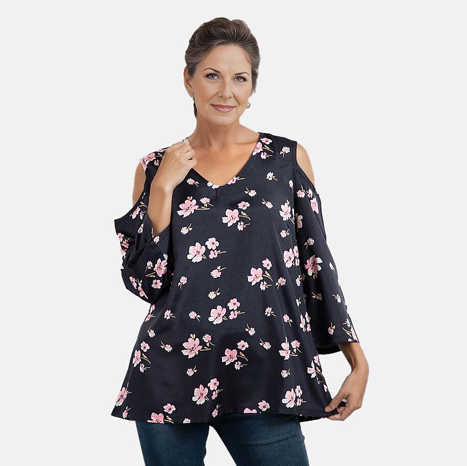 Floral Pattern Off Shoulder Top (Size 12) - Navy - Pink