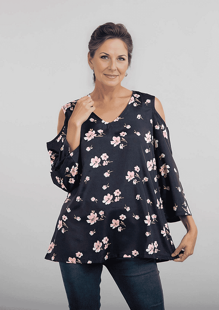 Floral Pattern Off Shoulder Top (Size 12) - Navy - Pink